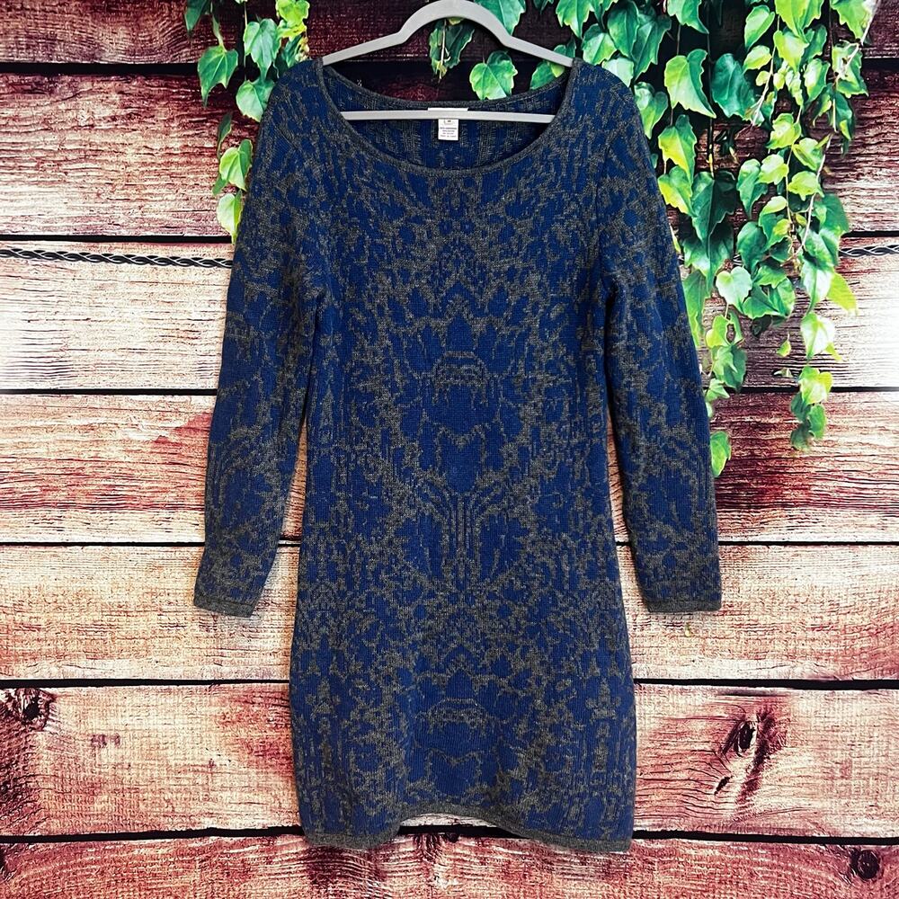 Sundance Lambswool Sweater Dress Medium Midi Scoop Neck Floral Paisley Blue Gray